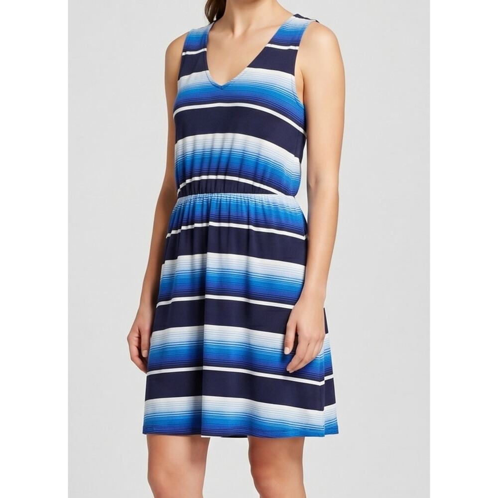 Merona Womens Medium Dress Sleeveless Blue Stripe Rayon Spandex - Picture 1 of 9